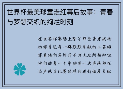 世界杯最美球童走红幕后故事：青春与梦想交织的绚烂时刻